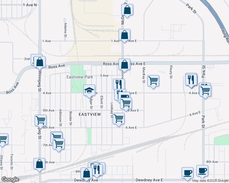 map of restaurants, bars, coffee shops, grocery stores, and more near 979 Lindsay Street in Regina