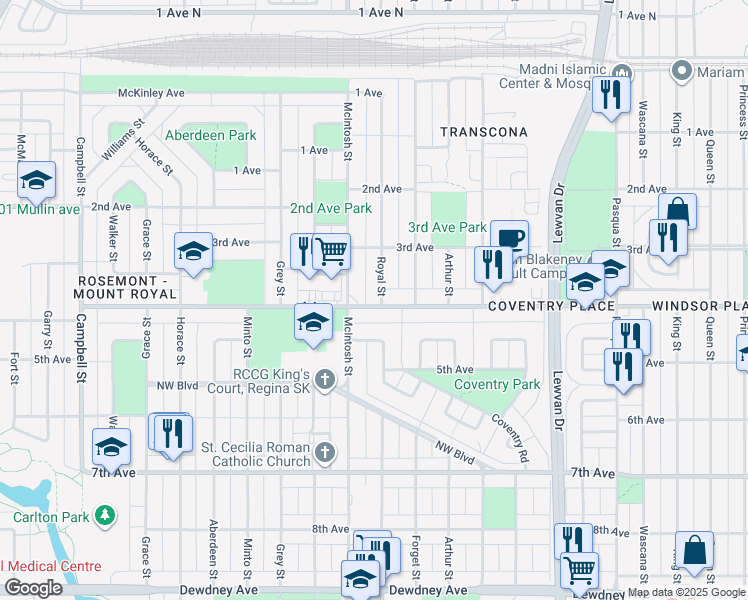 map of restaurants, bars, coffee shops, grocery stores, and more near 972 Royal Street in Regina