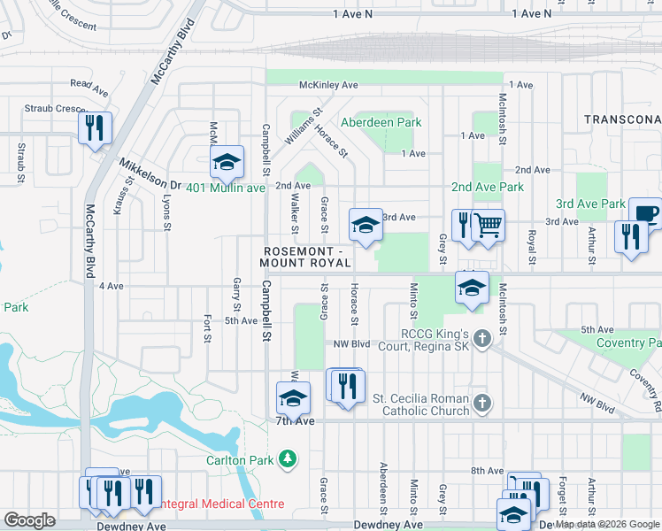 map of restaurants, bars, coffee shops, grocery stores, and more near 5520 4 Avenue in Regina