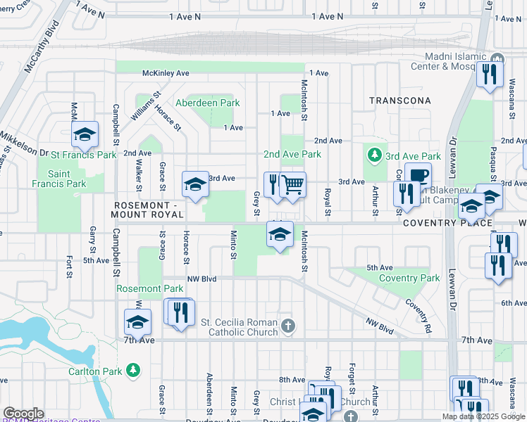 map of restaurants, bars, coffee shops, grocery stores, and more near 5130 4 Avenue in Regina
