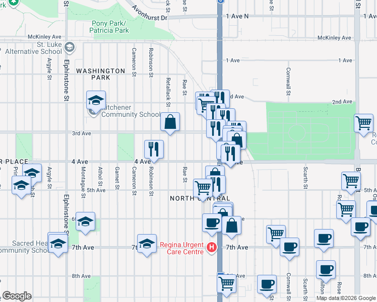 map of restaurants, bars, coffee shops, grocery stores, and more near 2308 4 Avenue in Regina