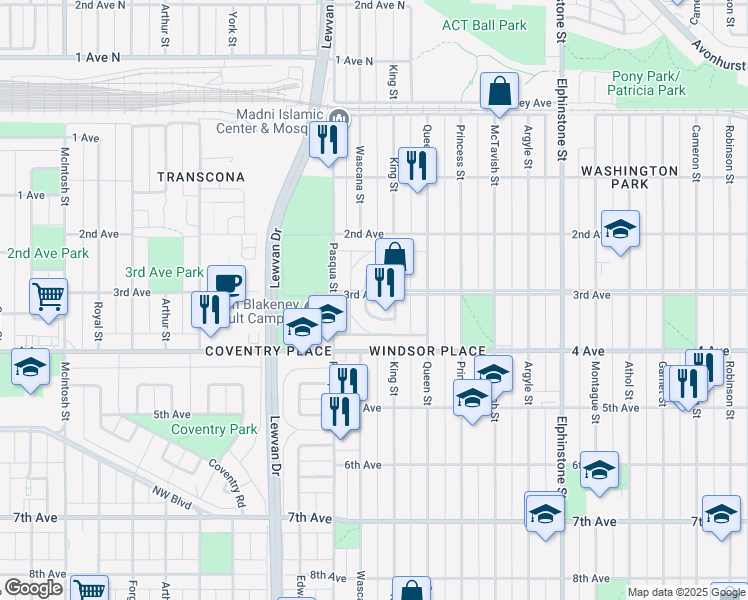 map of restaurants, bars, coffee shops, grocery stores, and more near 27 Elizabeth Crescent in Regina