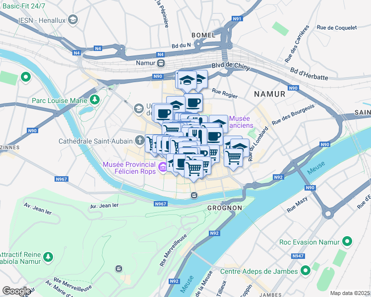 map of restaurants, bars, coffee shops, grocery stores, and more near 9 Rue Haute Marcelle in Namur