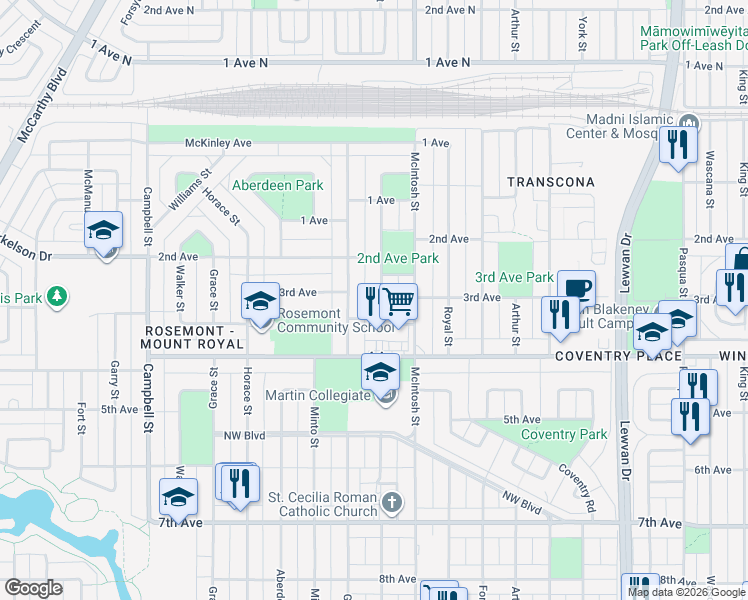 map of restaurants, bars, coffee shops, grocery stores, and more near 832 Empress Street in Regina