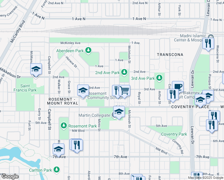 map of restaurants, bars, coffee shops, grocery stores, and more near 829 Grey Street in Regina