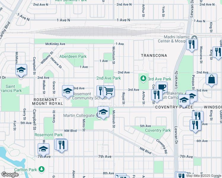 map of restaurants, bars, coffee shops, grocery stores, and more near in Regina