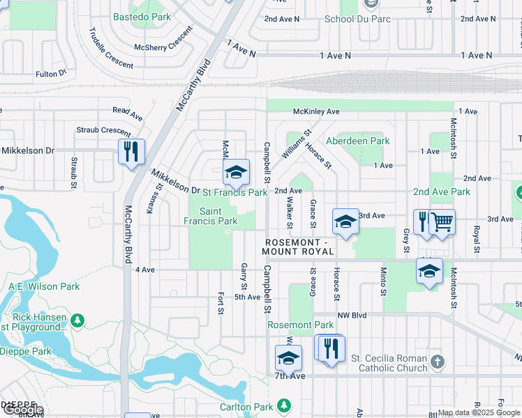 map of restaurants, bars, coffee shops, grocery stores, and more near 836 Campbell Street in Regina