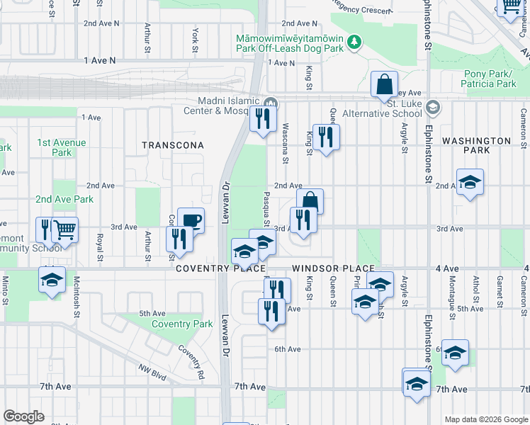 map of restaurants, bars, coffee shops, grocery stores, and more near 901 Pasqua Street in Regina
