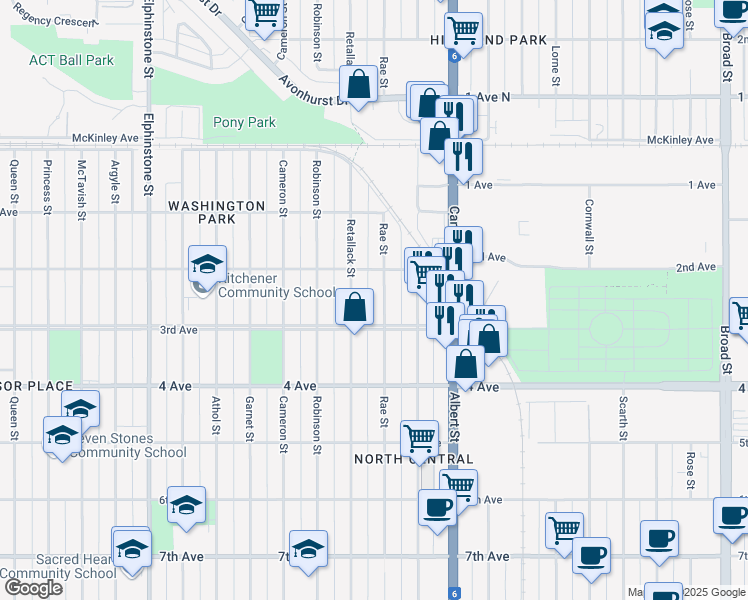 map of restaurants, bars, coffee shops, grocery stores, and more near 801 Retallack Street in Regina
