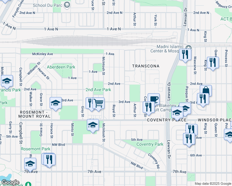 map of restaurants, bars, coffee shops, grocery stores, and more near 841 Royal Street in Regina