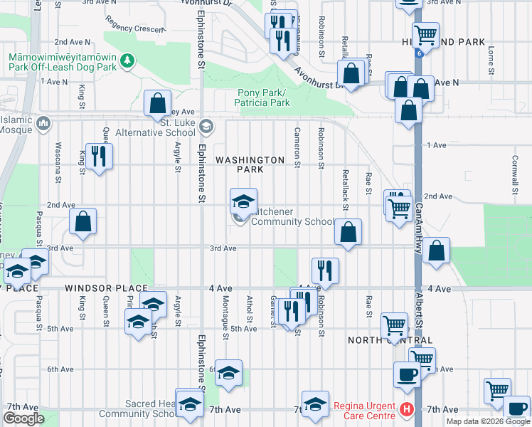 map of restaurants, bars, coffee shops, grocery stores, and more near in Regina