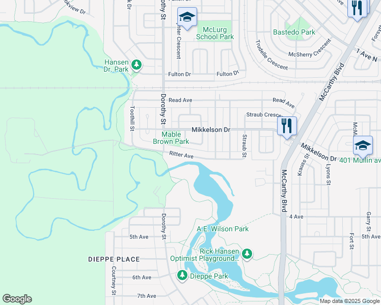 map of restaurants, bars, coffee shops, grocery stores, and more near 110 Ritter Avenue in Regina