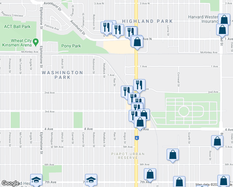 map of restaurants, bars, coffee shops, grocery stores, and more near 801 Rae Street in Regina