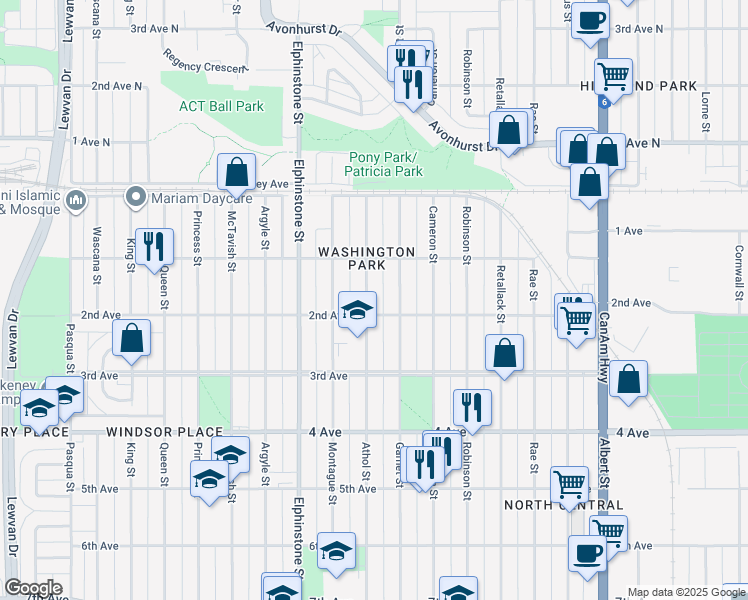 map of restaurants, bars, coffee shops, grocery stores, and more near 761 Athol Street in Regina