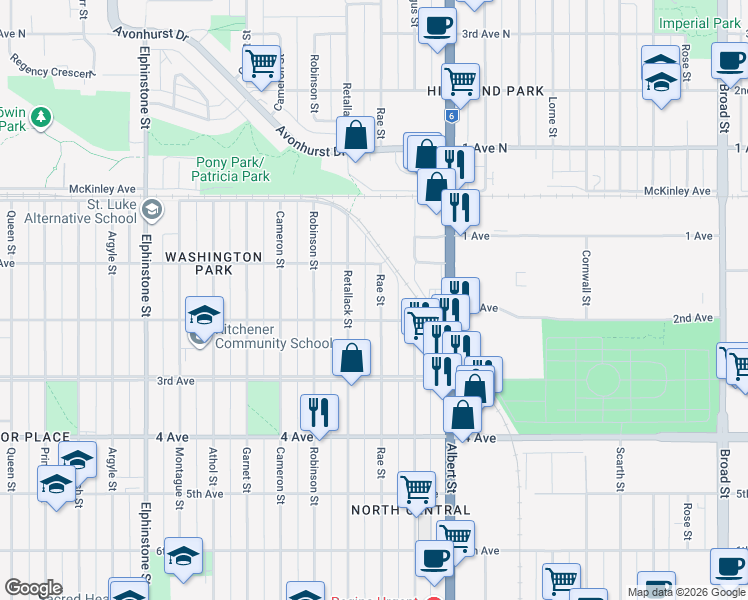 map of restaurants, bars, coffee shops, grocery stores, and more near 801 Retallack Street in Regina