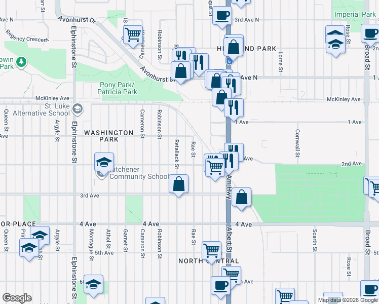 map of restaurants, bars, coffee shops, grocery stores, and more near in Regina