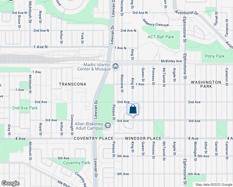 map of restaurants, bars, coffee shops, grocery stores, and more near 708 Wascana Street in Regina