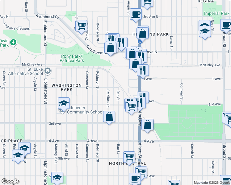 map of restaurants, bars, coffee shops, grocery stores, and more near in Regina