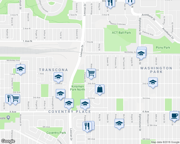 map of restaurants, bars, coffee shops, grocery stores, and more near 708 Wascana Street in Regina