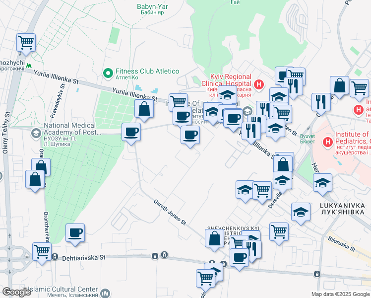 map of restaurants, bars, coffee shops, grocery stores, and more near in Kyiv