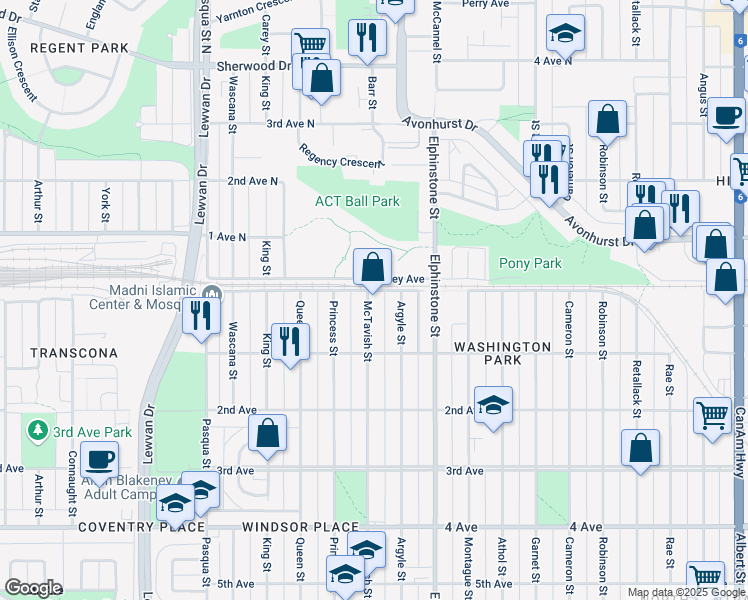 map of restaurants, bars, coffee shops, grocery stores, and more near 615 McTavish Street in Regina