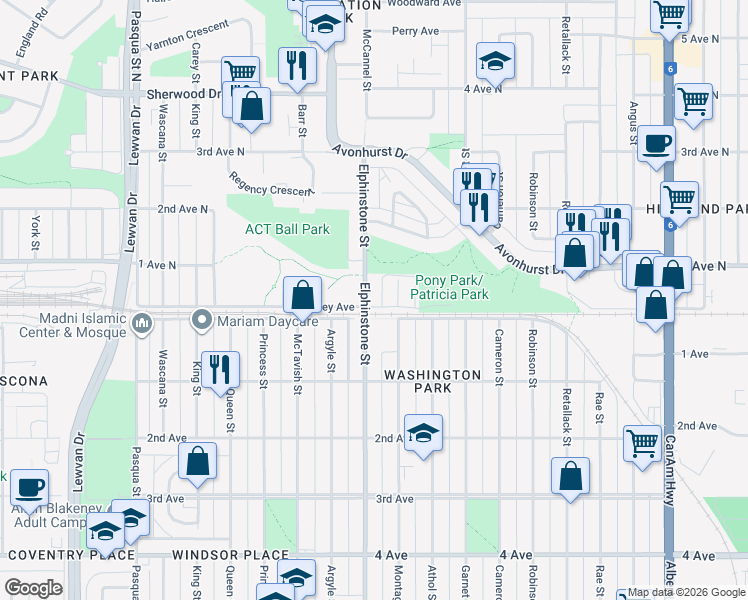 map of restaurants, bars, coffee shops, grocery stores, and more near 557 Elphinstone Street in Regina