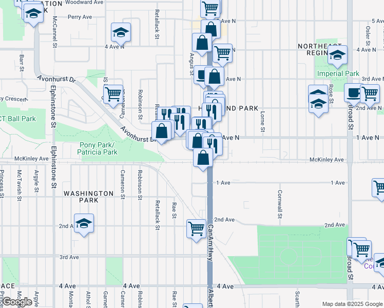 map of restaurants, bars, coffee shops, grocery stores, and more near 2701 Avonhurst Drive in Regina