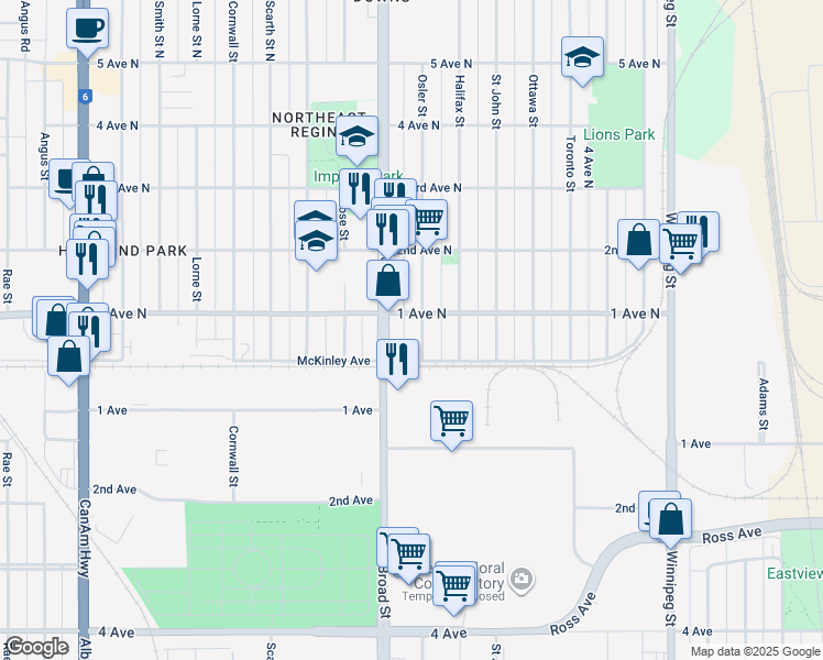 map of restaurants, bars, coffee shops, grocery stores, and more near 520 Osler Street in Regina