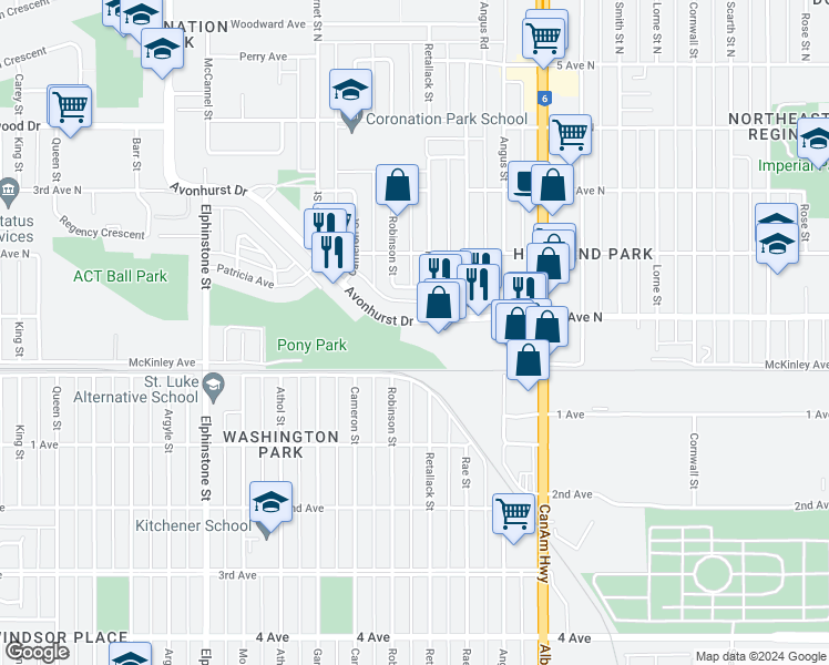map of restaurants, bars, coffee shops, grocery stores, and more near 2945 Avonhurst Drive in Regina