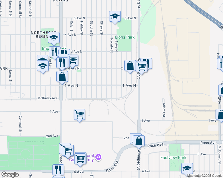 map of restaurants, bars, coffee shops, grocery stores, and more near 512 Toronto Street in Regina