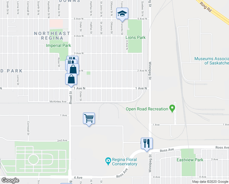 map of restaurants, bars, coffee shops, grocery stores, and more near 514 Toronto Street in Regina