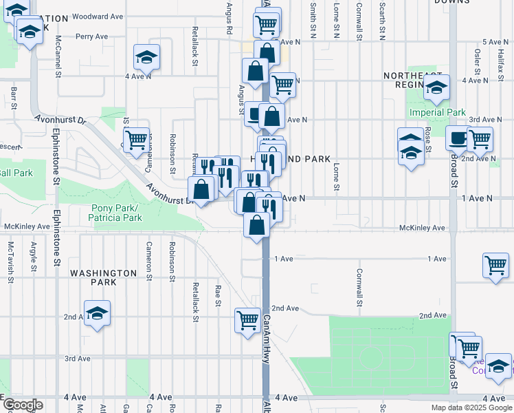 map of restaurants, bars, coffee shops, grocery stores, and more near 2701 Avonhurst Drive in Regina