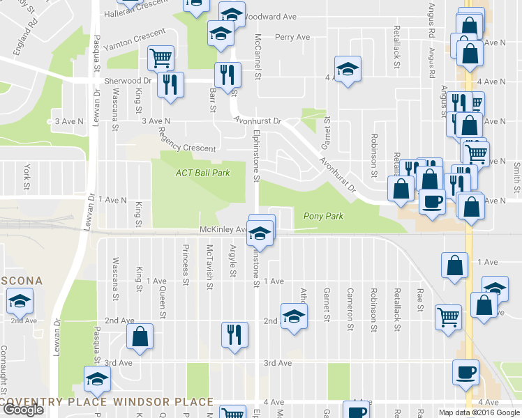 map of restaurants, bars, coffee shops, grocery stores, and more near 557 Elphinstone Street in Regina