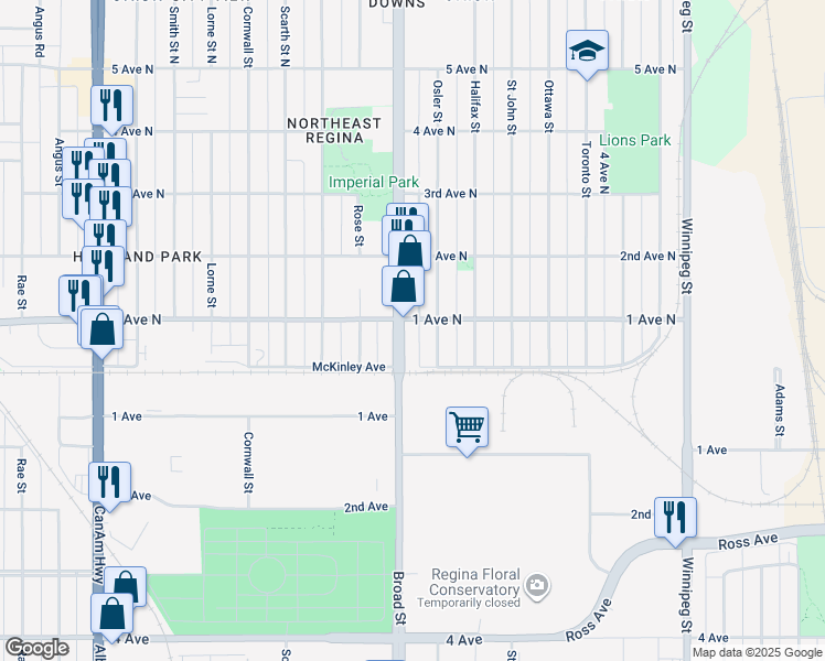 map of restaurants, bars, coffee shops, grocery stores, and more near 520 Osler Street in Regina