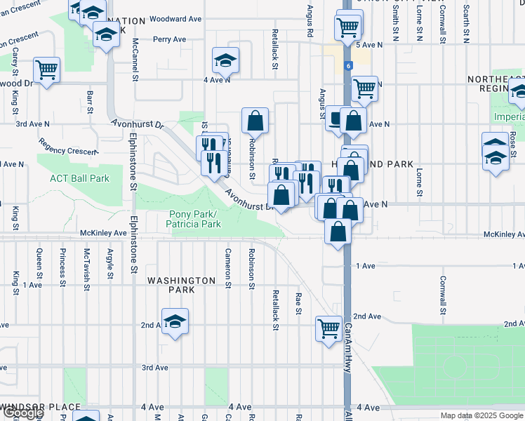 map of restaurants, bars, coffee shops, grocery stores, and more near 2945 Avonhurst Drive in Regina