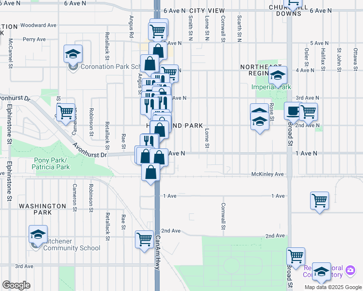 map of restaurants, bars, coffee shops, grocery stores, and more near 421 McIntyre Street in Regina