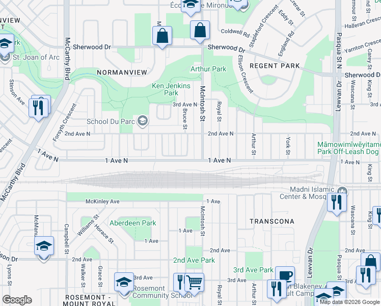 map of restaurants, bars, coffee shops, grocery stores, and more near 39 Marshall Crescent in Regina