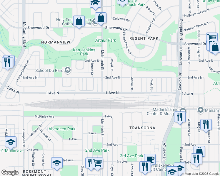 map of restaurants, bars, coffee shops, grocery stores, and more near 442 Royal Street in Regina