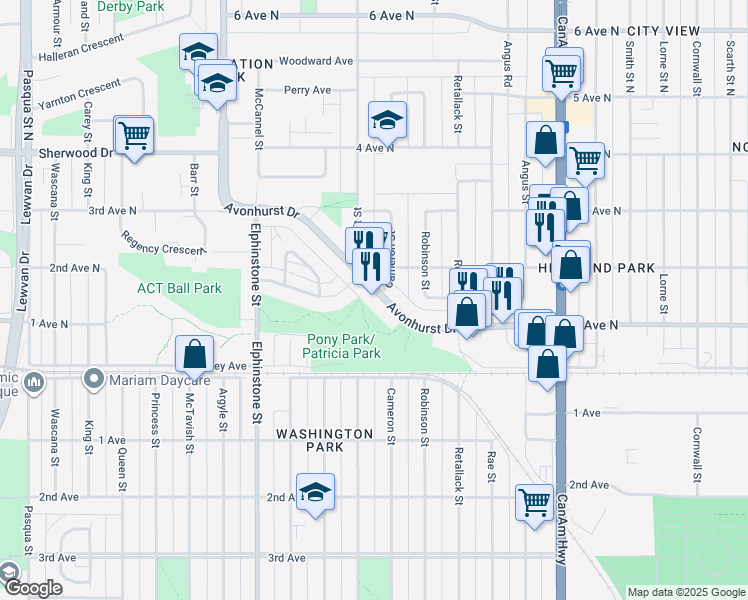 map of restaurants, bars, coffee shops, grocery stores, and more near 311 Avonhurst Drive in Regina
