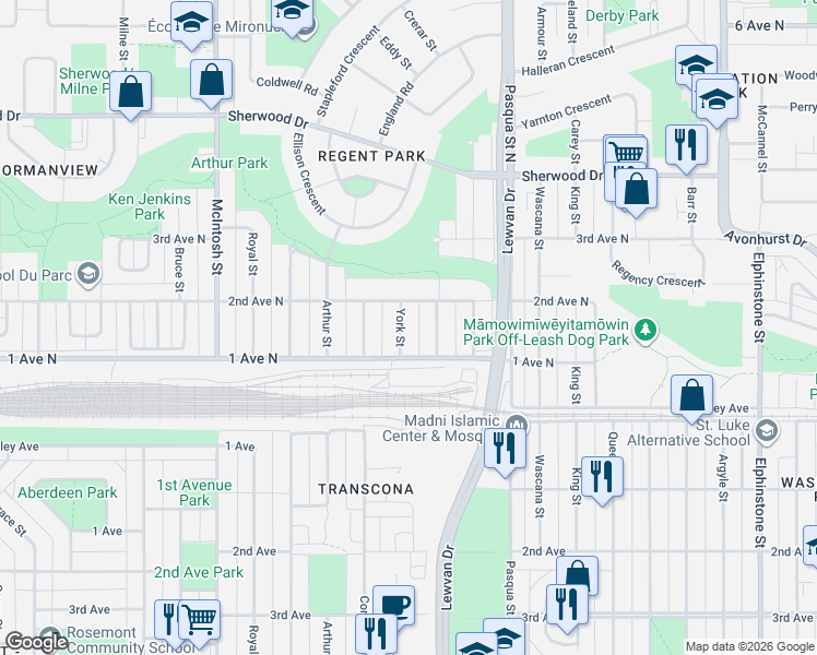 map of restaurants, bars, coffee shops, grocery stores, and more near in Regina