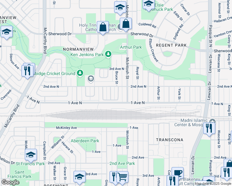 map of restaurants, bars, coffee shops, grocery stores, and more near in Regina