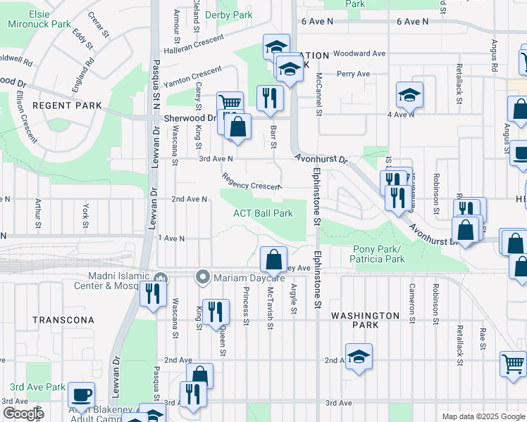 map of restaurants, bars, coffee shops, grocery stores, and more near 460 Elphinstone Street in Regina