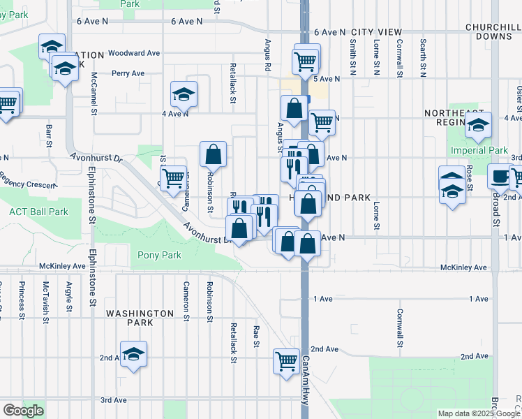 map of restaurants, bars, coffee shops, grocery stores, and more near 425 Rae Street in Regina