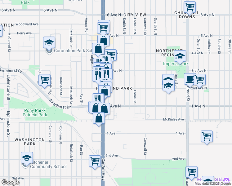 map of restaurants, bars, coffee shops, grocery stores, and more near 421 McIntyre Street in Regina