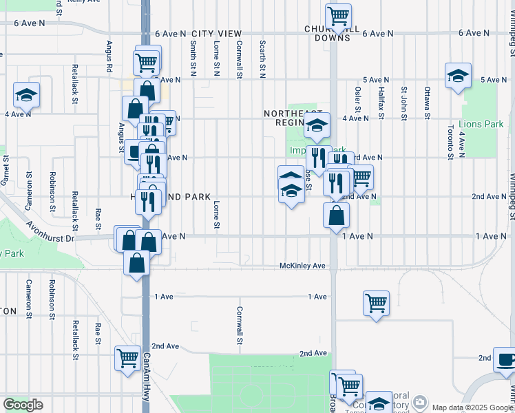 map of restaurants, bars, coffee shops, grocery stores, and more near 416 Scarth Street in Regina