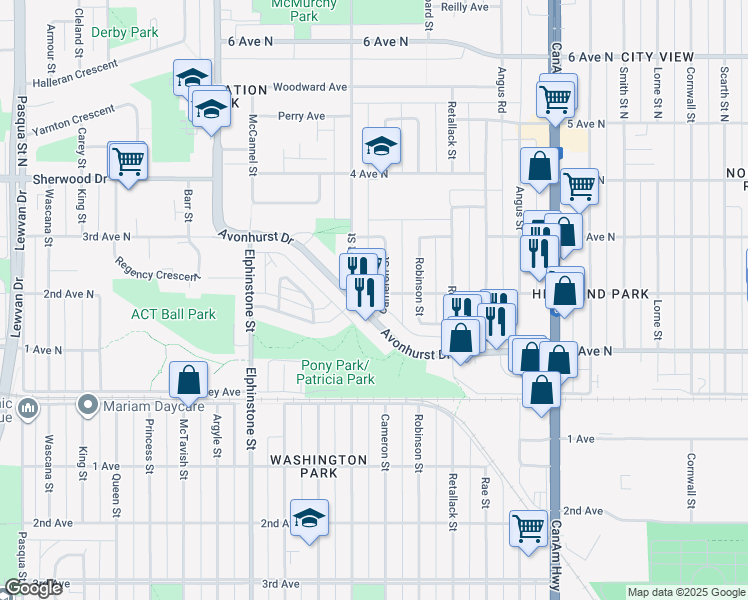 map of restaurants, bars, coffee shops, grocery stores, and more near 311 Avonhurst Drive in Regina