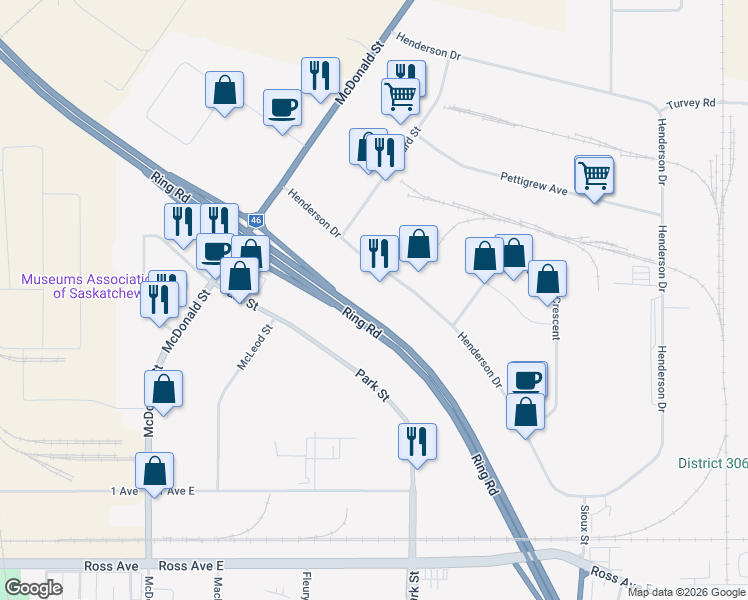 map of restaurants, bars, coffee shops, grocery stores, and more near 693 Henderson Drive in Regina