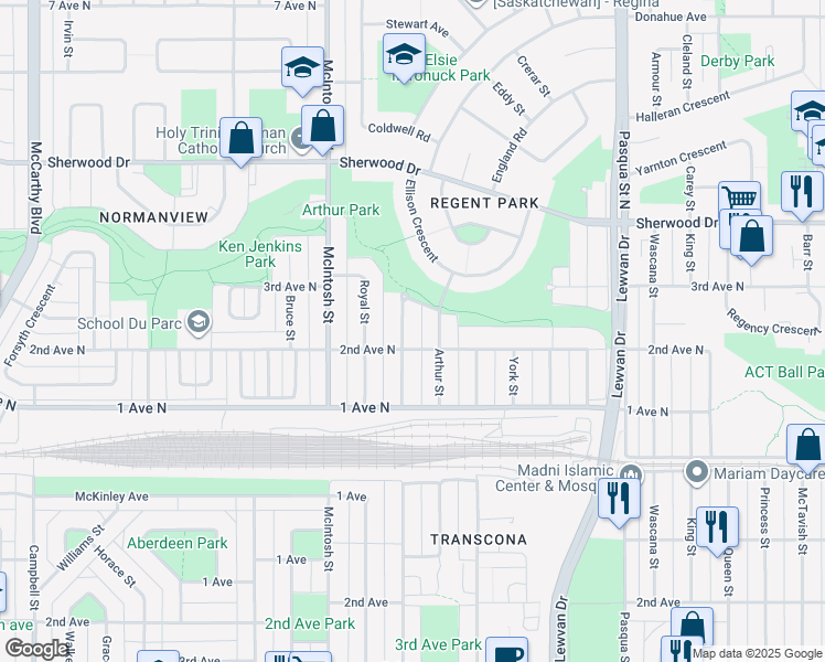 map of restaurants, bars, coffee shops, grocery stores, and more near 349 Forget Street in Regina