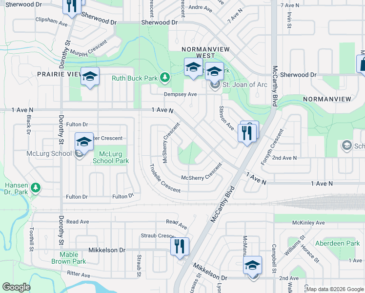 map of restaurants, bars, coffee shops, grocery stores, and more near 107 Bastedo Crescent in Regina