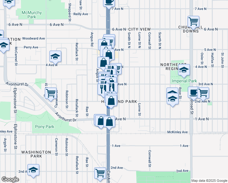 map of restaurants, bars, coffee shops, grocery stores, and more near 303 Albert Street in Regina